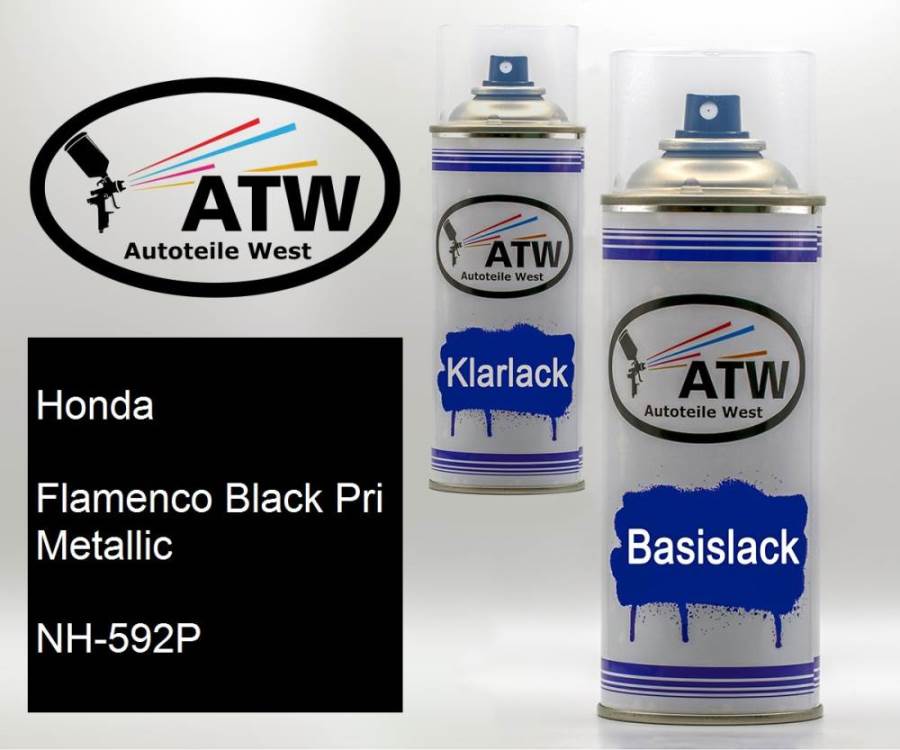 Honda, Flamenco Black Pri Metallic, NH-592P: 400ml Sprühdose + 400ml Klarlack - Set, von ATW Autoteile West.